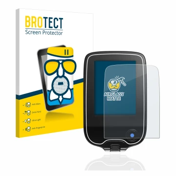 Parte frontal de un envase de producto con el logotipo de la marca BROTECT. Al lado se muestra el dispositivo Freestyle Libre 