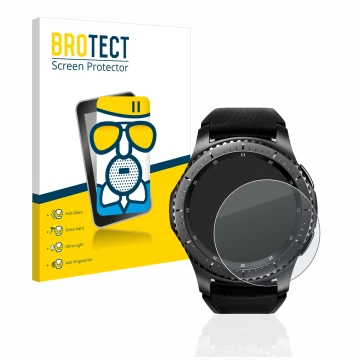 Parte frontal de un envase de producto con el logotipo de la marca BROTECT. Al lado se muestra el dispositivo Samsung Gear S3 