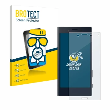 Parte frontal de un envase de producto con el logotipo de la marca BROTECT. Al lado se muestra el dispositivo Sony Xperia X Co