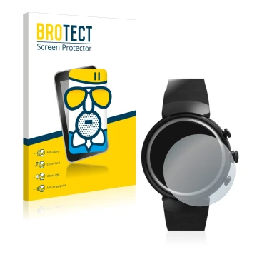 Parte frontal de un envase de producto con el logotipo de la marca BROTECT. Al lado se muestra el dispositivo ASUS ZenWatch 3 