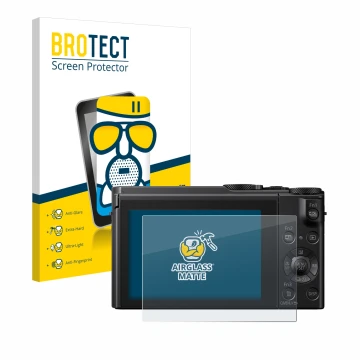 Parte frontal de un envase de producto con el logotipo de la marca BROTECT. Al lado se muestra el dispositivo Panasonic Lumix 