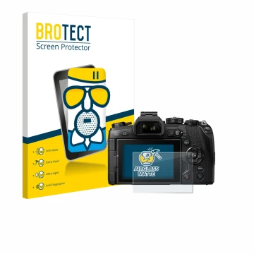 Parte frontal de un envase de producto con el logotipo de la marca BROTECT. Al lado se muestra el dispositivo Olympus OM-D E-M