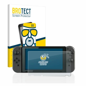 Parte frontal de un envase de producto con el logotipo de la marca BROTECT. Al lado se muestra el dispositivo Nintendo Switch 