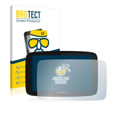 Parte frontal de un envase de producto con el logotipo de la marca BROTECT. Al lado se muestra el dispositivo TomTom GO 520 co