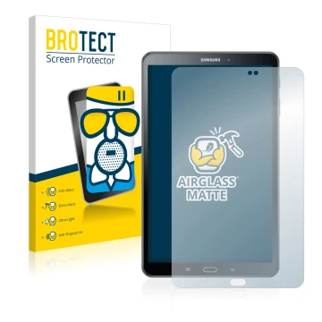 Parte frontal de un envase de producto con el logotipo de la marca BROTECT. Al lado se muestra el dispositivo Samsung Galaxy T