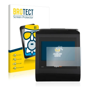 Parte frontal de un envase de producto con el logotipo de la marca BROTECT. Al lado se muestra el dispositivo Signotec Signatu