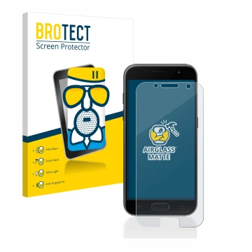Parte frontal de un envase de producto con el logotipo de la marca BROTECT. Al lado se muestra el dispositivo Samsung Galaxy A