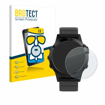 Parte frontal de un envase de producto con el logotipo de la marca BROTECT. Al lado se muestra el dispositivo Garmin Fenix 5 (