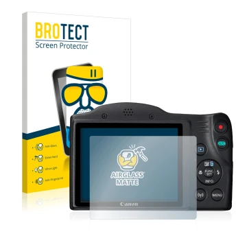 Parte frontal de un envase de producto con el logotipo de la marca BROTECT. Al lado se muestra el dispositivo Canon PowerShot 