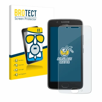 Parte frontal de un envase de producto con el logotipo de la marca BROTECT. Al lado se muestra el dispositivo Motorola Moto G5