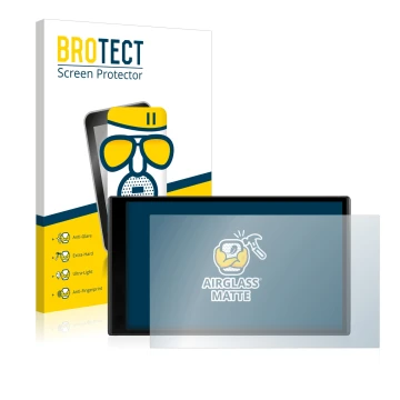 Parte frontal de un envase de producto con el logotipo de la marca BROTECT. Al lado se muestra el dispositivo Garmin DriveSmar