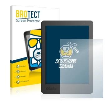 Parte frontal de un envase de producto con el logotipo de la marca BROTECT. Al lado se muestra el dispositivo Kobo Aura Editio