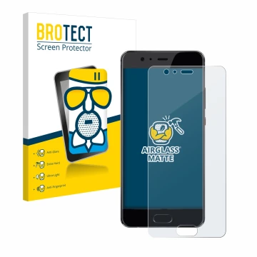 Parte frontal de un envase de producto con el logotipo de la marca BROTECT. Al lado se muestra el dispositivo Huawei P10 Plus 