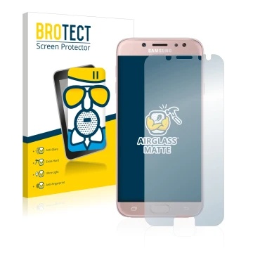 Parte frontal de un envase de producto con el logotipo de la marca BROTECT. Al lado se muestra el dispositivo Samsung Galaxy J