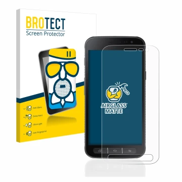 Parte frontal de un envase de producto con el logotipo de la marca BROTECT. Al lado se muestra el dispositivo Samsung Galaxy X