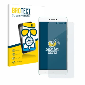 Parte frontal de un envase de producto con el logotipo de la marca BROTECT. Al lado se muestra el dispositivo Xiaomi Redmi 4X 