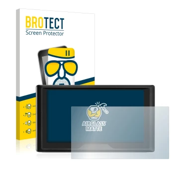 Parte frontal de un envase de producto con el logotipo de la marca BROTECT. Al lado se muestra el dispositivo Garmin Drive 61 