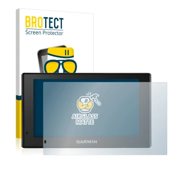 Parte frontal de un envase de producto con el logotipo de la marca BROTECT. Al lado se muestra el dispositivo Garmin DriveSmar