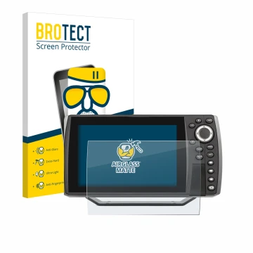 Parte frontal de un envase de producto con el logotipo de la marca BROTECT. Al lado se muestra el dispositivo Humminbird Helix