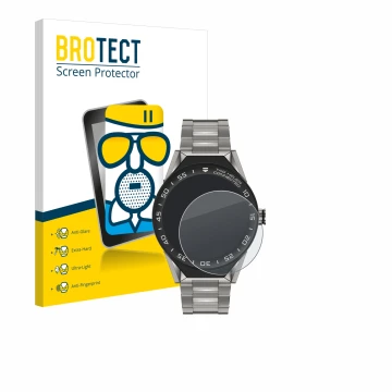 Parte frontal de un envase de producto con el logotipo de la marca BROTECT. Al lado se muestra el dispositivo TAG Heuer Connec