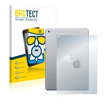 Parte frontal de un envase de producto con el logotipo de la marca BROTECT. Al lado se muestra el dispositivo Apple iPad 9.7