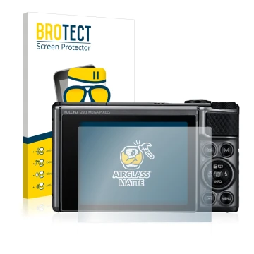 Parte frontal de un envase de producto con el logotipo de la marca BROTECT. Al lado se muestra el dispositivo Canon PowerShot 