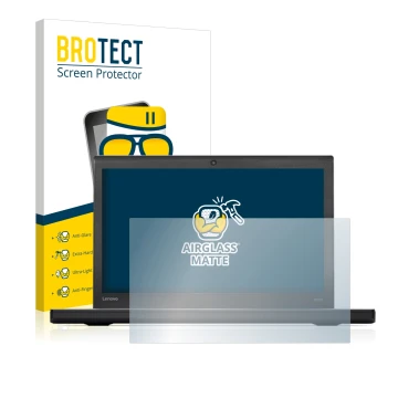 Parte frontal de un envase de producto con el logotipo de la marca BROTECT. Al lado se muestra el dispositivo Lenovo ThinkPad 