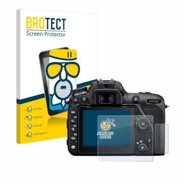 Parte frontal de un envase de producto con el logotipo de la marca BROTECT. Al lado se muestra el dispositivo Nikon D7500 con 