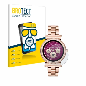 Parte frontal de un envase de producto con el logotipo de la marca BROTECT. Al lado se muestra el dispositivo Michael Kors Acc