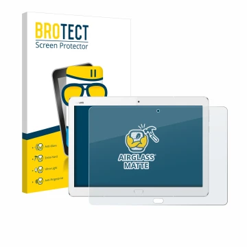 Parte frontal de un envase de producto con el logotipo de la marca BROTECT. Al lado se muestra el dispositivo Huawei MediaPad 