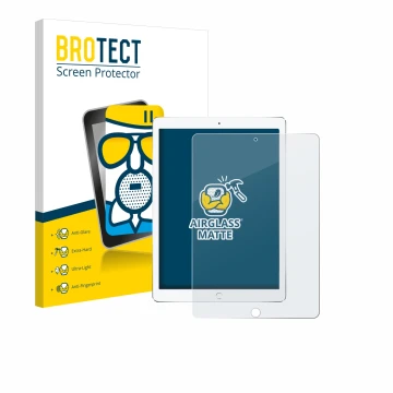 Parte frontal de un envase de producto con el logotipo de la marca BROTECT. Al lado se muestra el dispositivo Apple iPad Pro 1