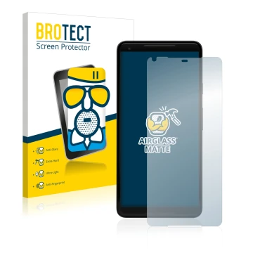 Parte frontal de un envase de producto con el logotipo de la marca BROTECT. Al lado se muestra el dispositivo Google Pixel 2 X