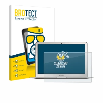 Parte frontal de un envase de producto con el logotipo de la marca BROTECT. Al lado se muestra el dispositivo Apple MacBook Ai