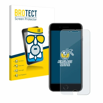 Parte frontal de un envase de producto con el logotipo de la marca BROTECT. Al lado se muestra el dispositivo Apple iPhone 8 P