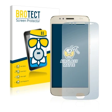 Parte frontal de un envase de producto con el logotipo de la marca BROTECT. Al lado se muestra el dispositivo Motorola Moto G5
