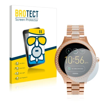 Parte frontal de un envase de producto con el logotipo de la marca BROTECT. Al lado se muestra el dispositivo Fossil Q Venture
