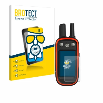 Parte frontal de un envase de producto con el logotipo de la marca BROTECT. Al lado se muestra el dispositivo Garmin Atemos 10