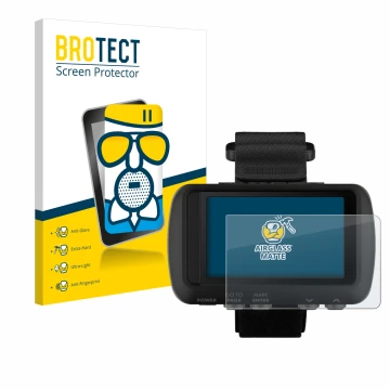 Parte frontal de un envase de producto con el logotipo de la marca BROTECT. Al lado se muestra el dispositivo Garmin Foretrex 