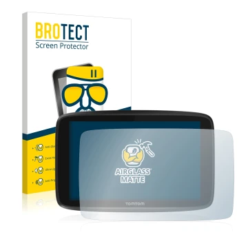 Parte frontal de un envase de producto con el logotipo de la marca BROTECT. Al lado se muestra el dispositivo TomTom GO 6250 c