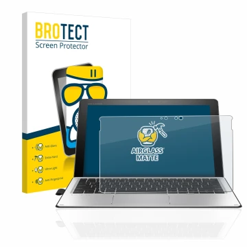 Parte frontal de un envase de producto con el logotipo de la marca BROTECT. Al lado se muestra el dispositivo HP Elite x2 1012