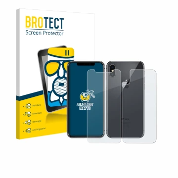 Parte frontal de un envase de producto con el logotipo de la marca BROTECT. Al lado se muestra el dispositivo Apple iPhone X (