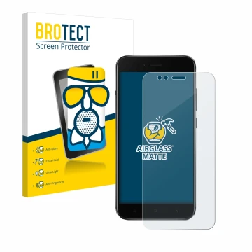 Parte frontal de un envase de producto con el logotipo de la marca BROTECT. Al lado se muestra el dispositivo Xiaomi Mi A1 con