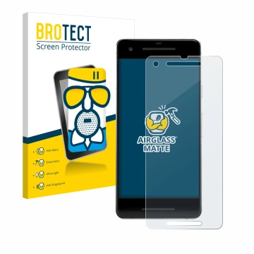 Parte frontal de un envase de producto con el logotipo de la marca BROTECT. Al lado se muestra el dispositivo Google Pixel 2 c