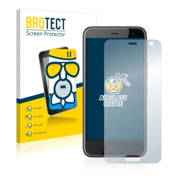 Parte frontal de un envase de producto con el logotipo de la marca BROTECT. Al lado se muestra el dispositivo HTC U11 Life con