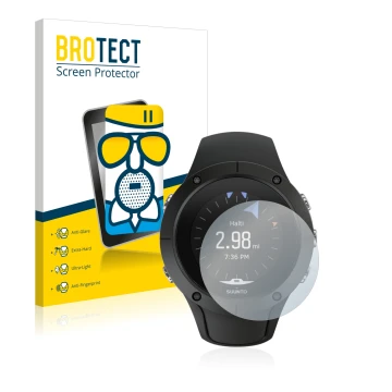 Parte frontal de un envase de producto con el logotipo de la marca BROTECT. Al lado se muestra el dispositivo Suunto Spartan T