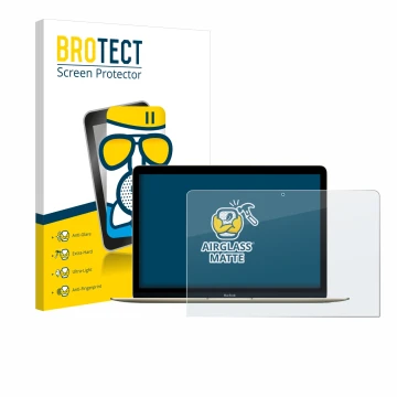 Parte frontal de un envase de producto con el logotipo de la marca BROTECT. Al lado se muestra el dispositivo Apple MacBook Re