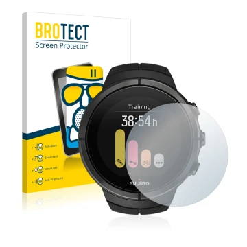 Parte frontal de un envase de producto con el logotipo de la marca BROTECT. Al lado se muestra el dispositivo Suunto Spartan U