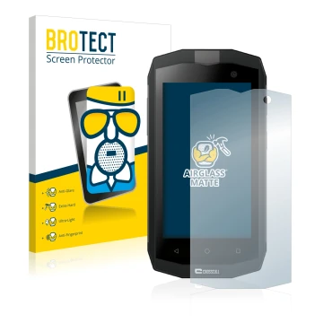 Parte frontal de un envase de producto con el logotipo de la marca BROTECT. Al lado se muestra el dispositivo Crosscall Trekke