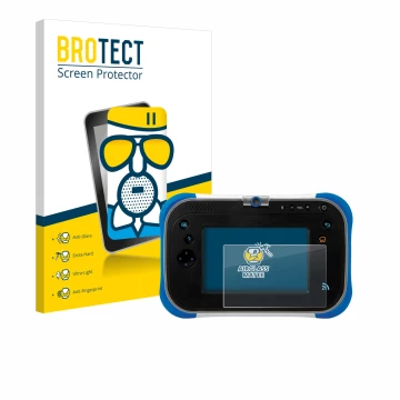 Parte frontal de un envase de producto con el logotipo de la marca BROTECT. Al lado se muestra el dispositivo Vtech Storio Max