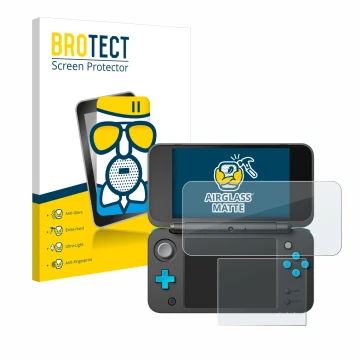 Parte frontal de un envase de producto con el logotipo de la marca BROTECT. Al lado se muestra el dispositivo New Nintendo 2DS
